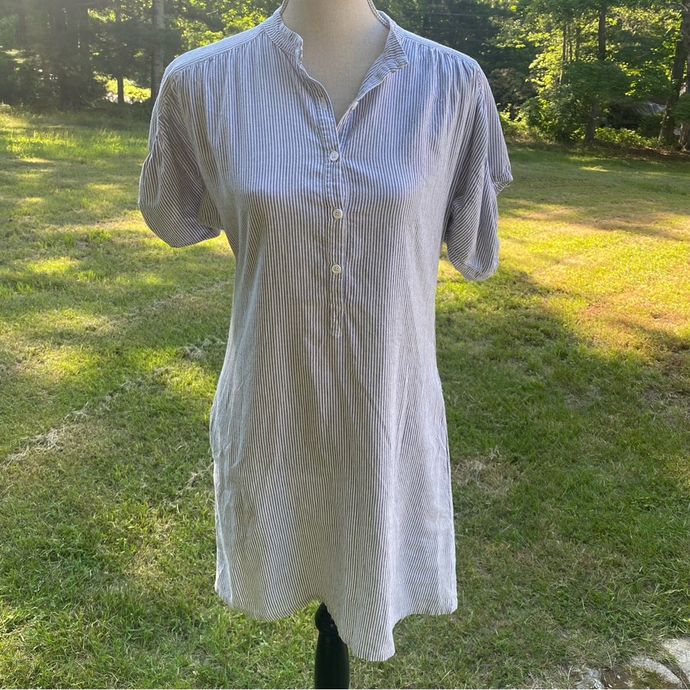 JOSH PODOLL DRESS MINI BLUE WHITE STRIPE SEERSUCKER SHORT SLEEVE POCKETS SIZE XS
